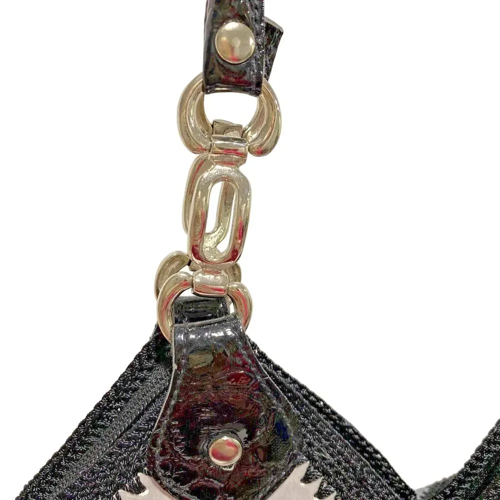 Granny Chic Crochet & Patent Shoulder Bag Purse Black Silvery Gray Vintage Chic